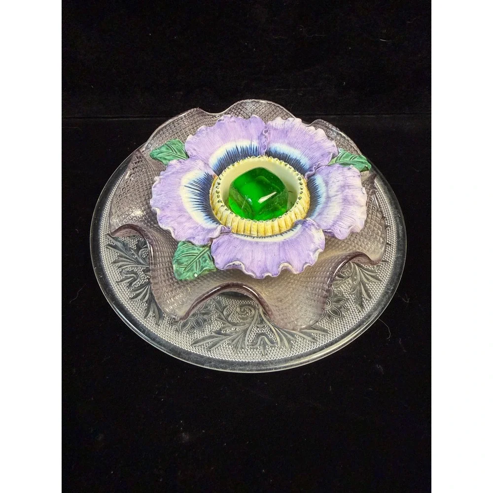 Vintage Decorative Glass Plate Lavender Ruffled‎ Bowl Ceramic Pansy Green Center